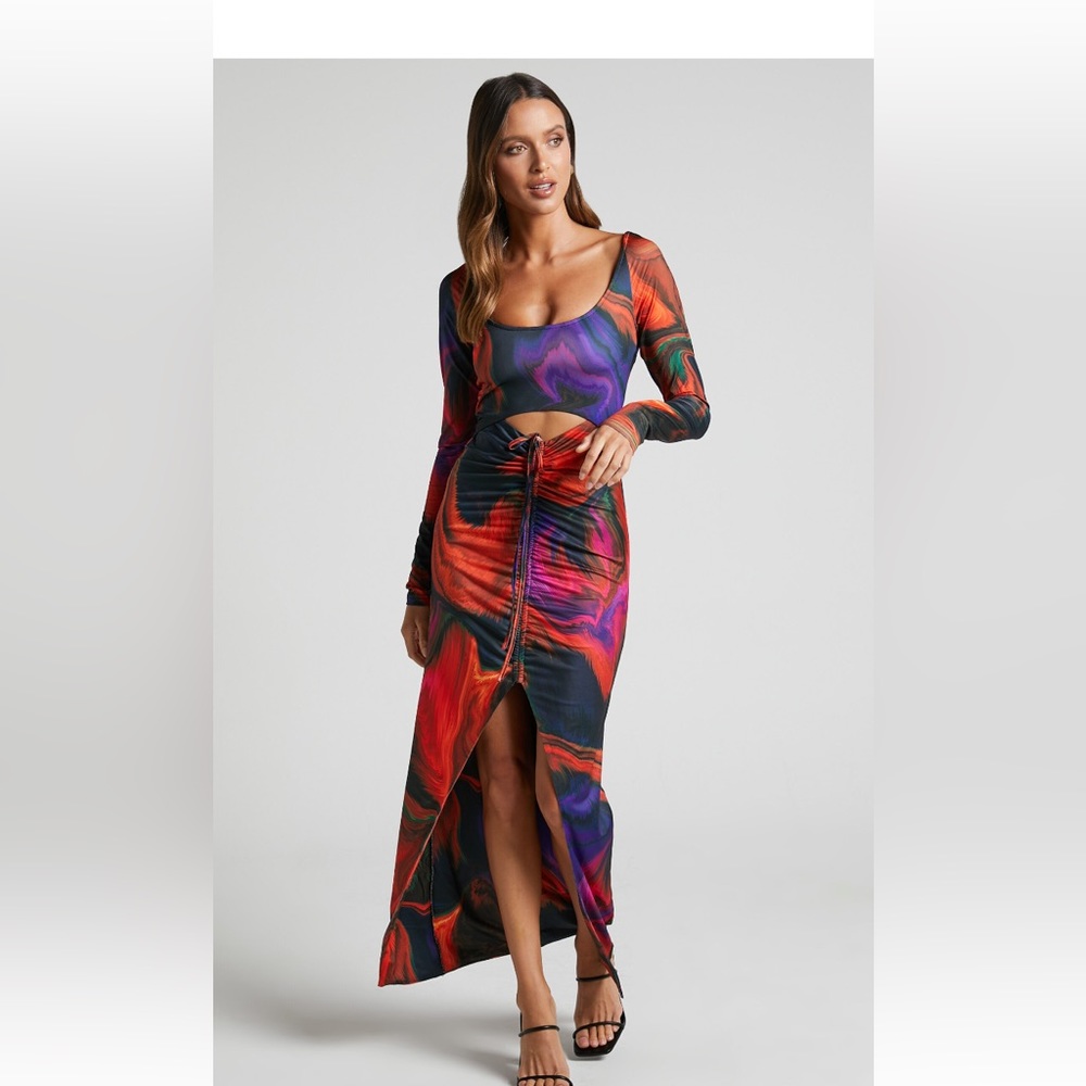 SHOWPO Rhaine Cut Out Ruched Front Split Long Sleeve Maxi Dress Phoenix Rising